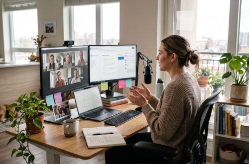 Future of remote work showing a professional working from home during a virtual team meeting.