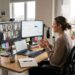 Future of remote work showing a professional working from home during a virtual team meeting.
