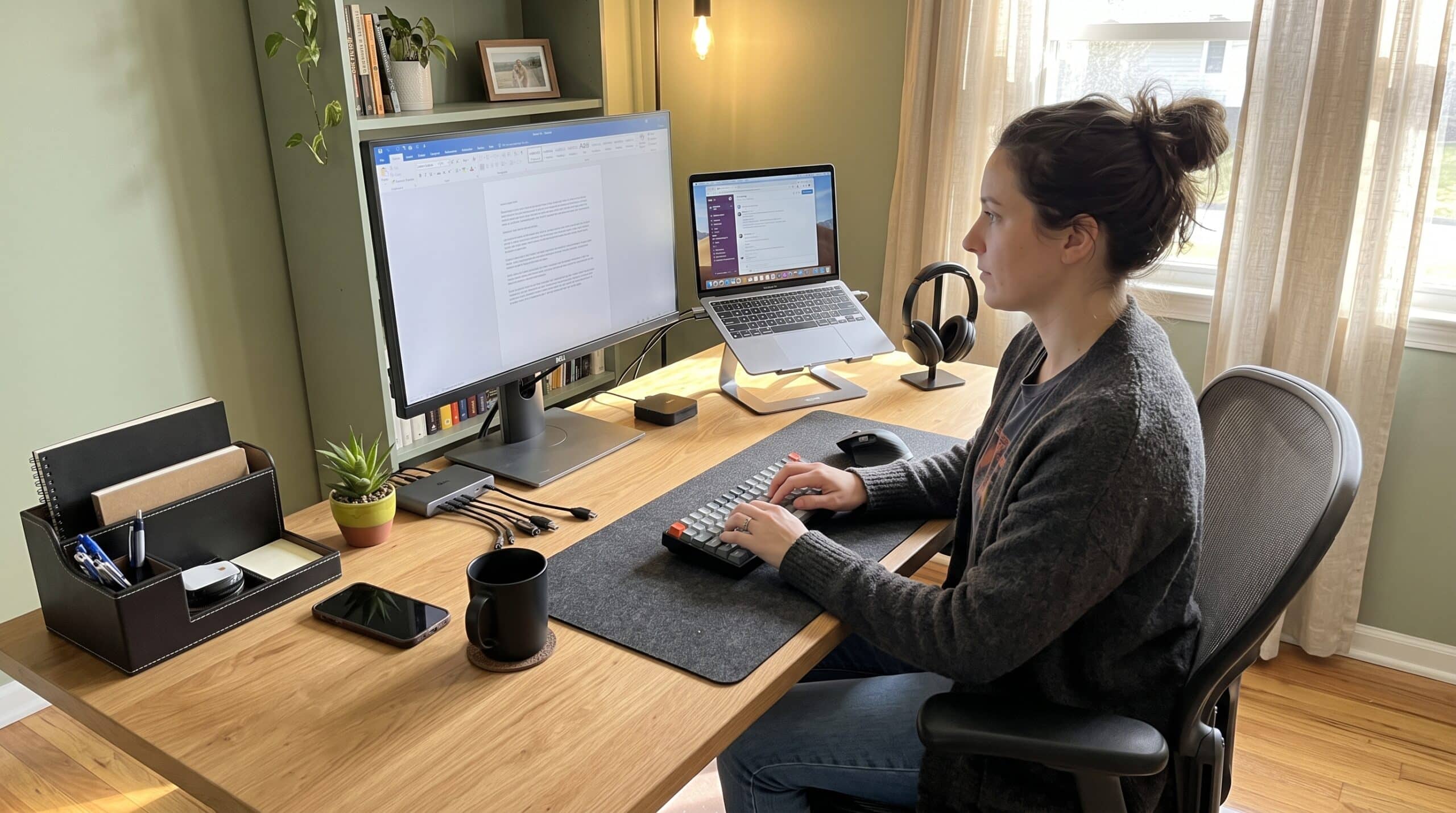 Woman working at a home office desk with a laptop, external monitor, ergonomic chair, keyboard, and organized workspace.