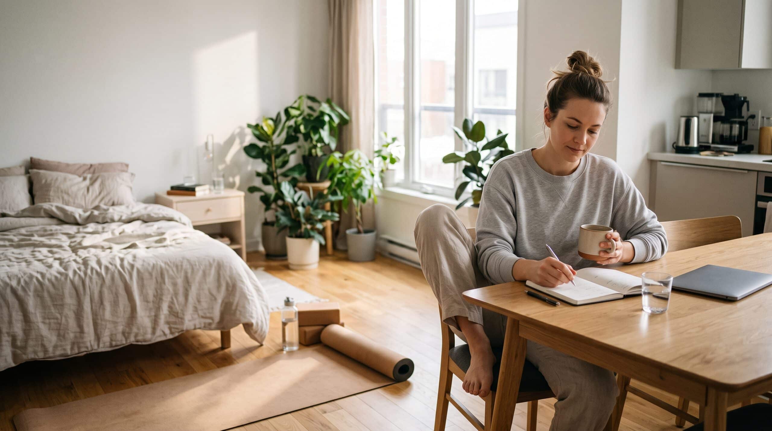 Woman writing in a journal with coffee during a peaceful morning routine at home.