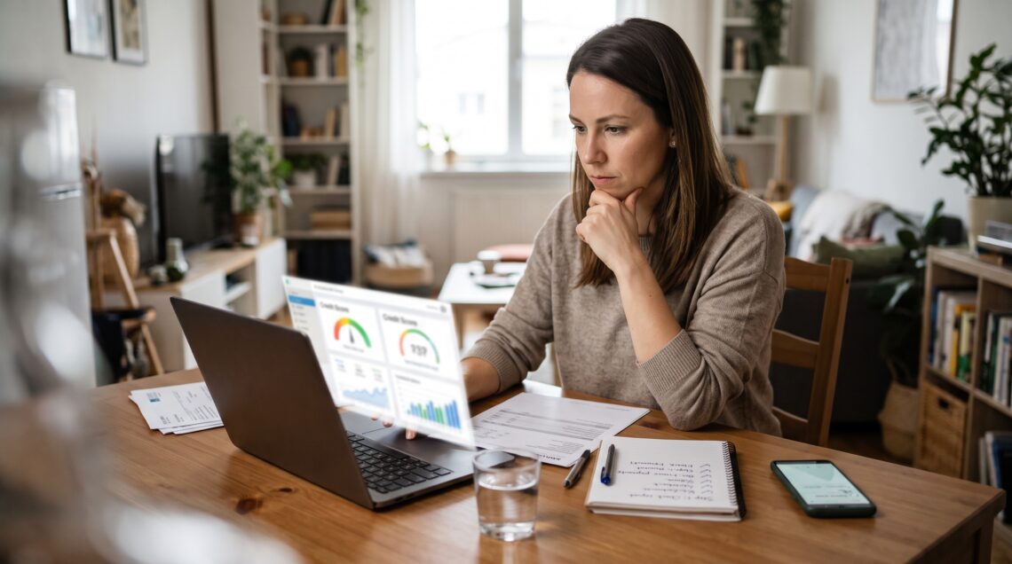 Woman reviewing her credit score and financial documents on a laptop at home.