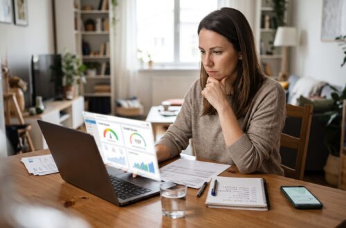 Woman reviewing her credit score and financial documents on a laptop at home.