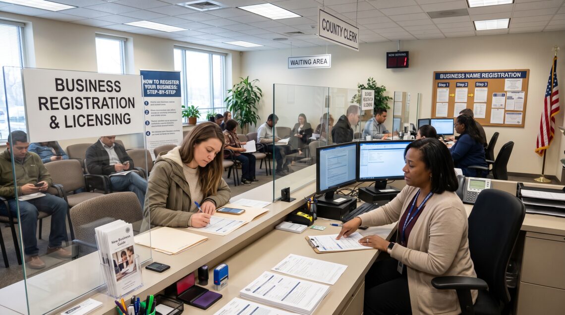 Business owner completing business name registration paperwork at a county clerk's office.