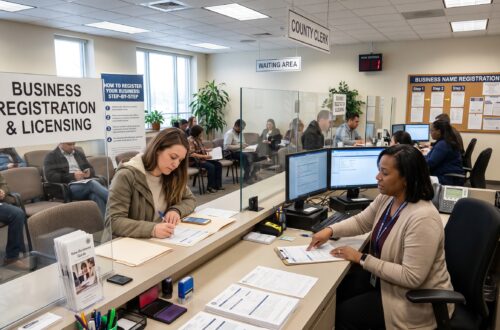 Business owner completing business name registration paperwork at a county clerk's office.