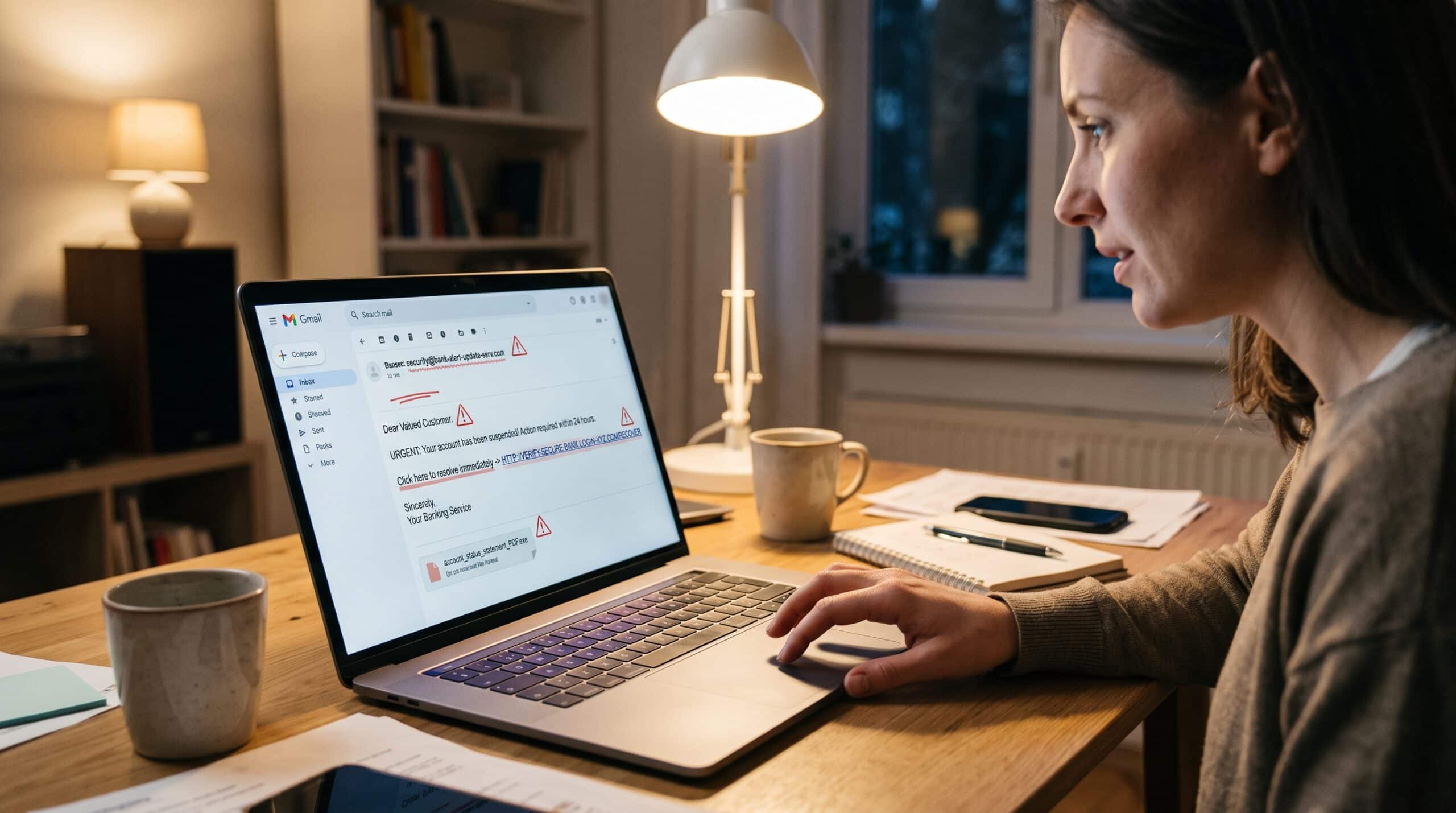 Woman identifying a suspicious phishing email on a laptop at home