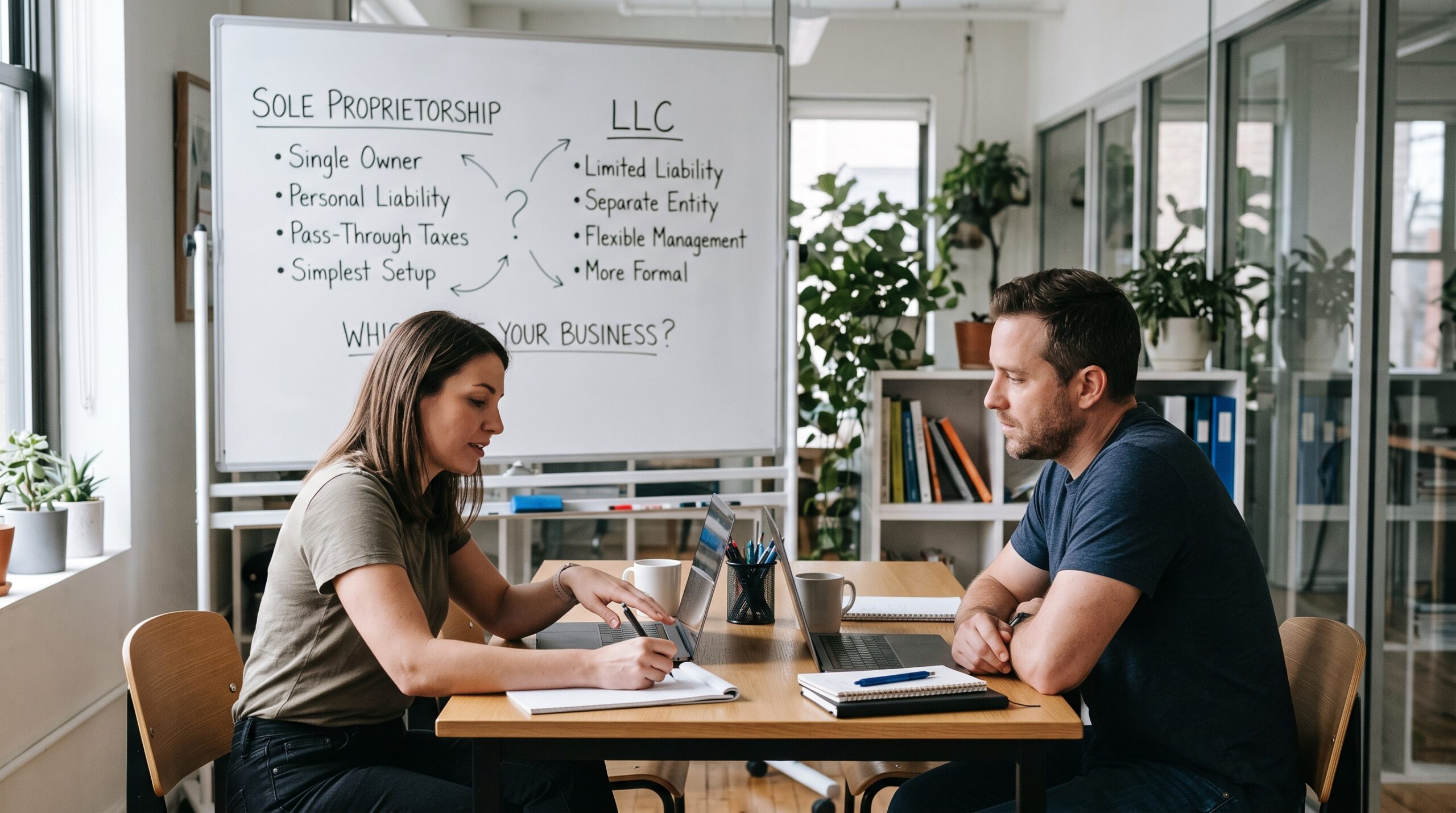 Business owners comparing sole proprietorship vs LLC business structures during a planning meeting