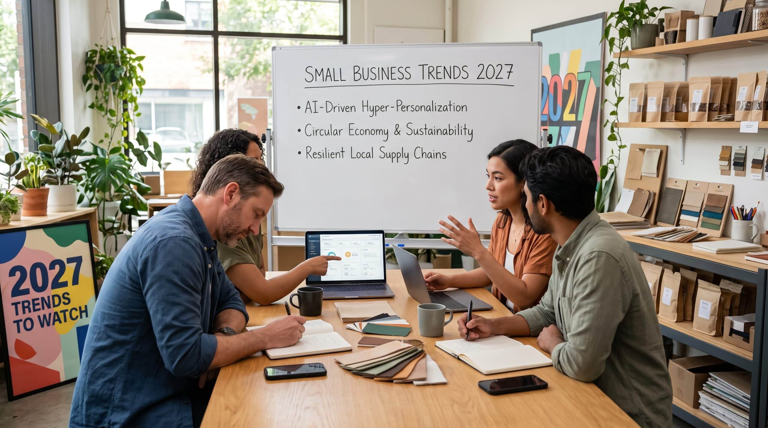 Small business team discussing 2027 trends, including AI-driven personalization, sustainability, and local supply chains