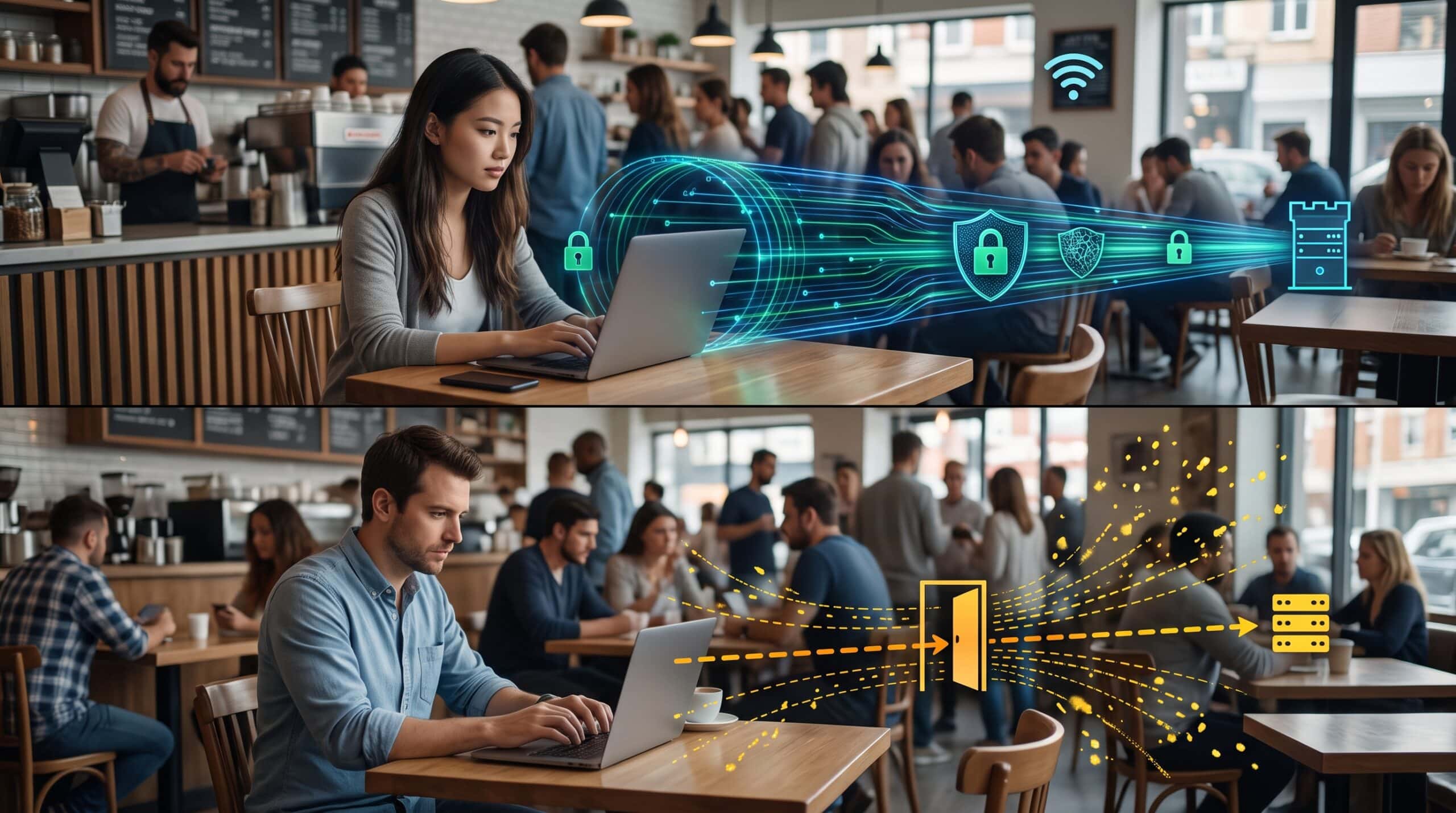 VPN vs proxy security comparison showing encrypted connections, privacy protection, and internet traffic routing in a public café. Copy alt text