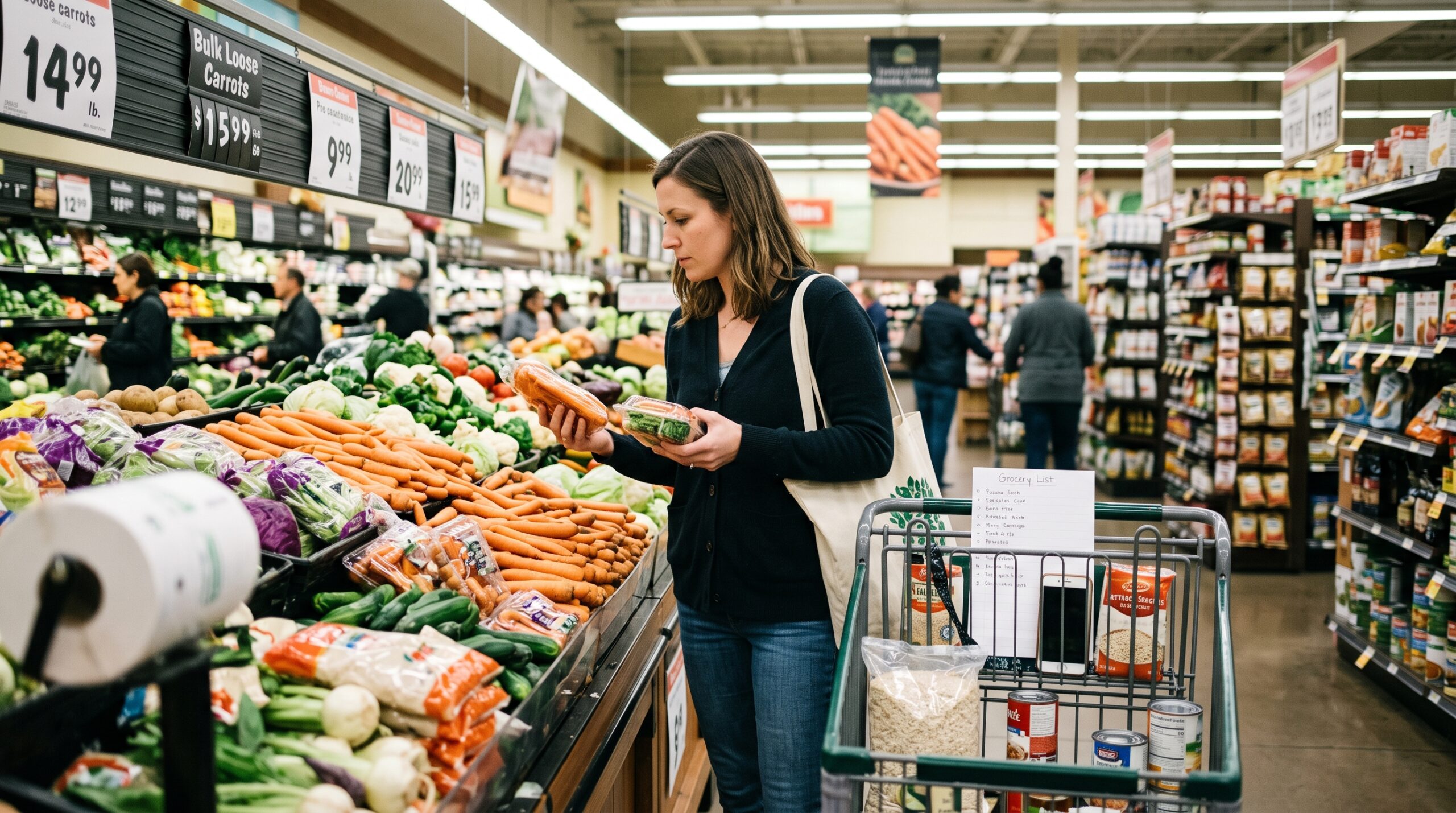 Woman shopping for fresh vegetables and groceries at a supermarket to save money on groceries.